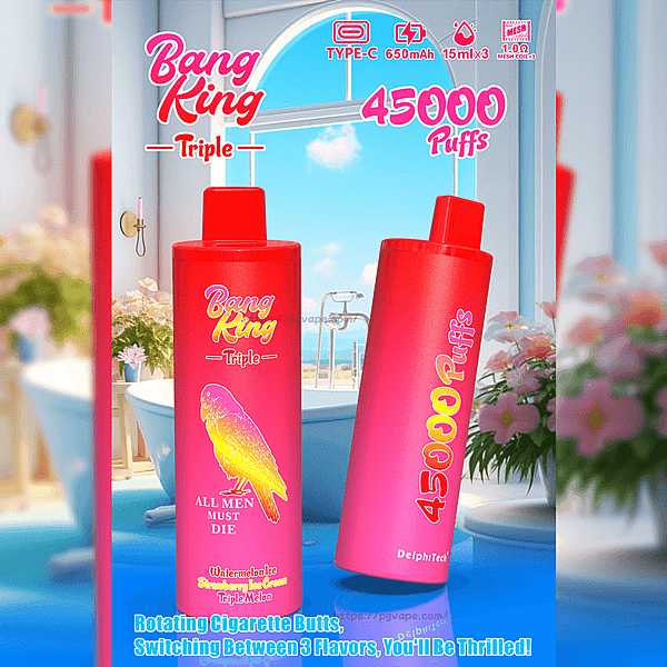 Two pink-red disposable vape devices labeled "Bang King Triple" and "45000 Puffs" in a bright room with a bathtub and seaside view, one device showing a yellow bird illustration with the slogan "All Men Must Die" and flavor names, plus small icons indicating Type-C charging and capacity.