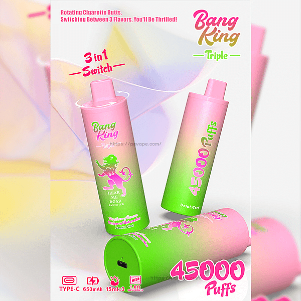 Three pink-and-green gradient Bang King Triple disposable vapes with a lion logo and 3-in-1 flavor switch shown on a pastel background, one revealing a Type-C port and prominent text reading 45000 Puffs.