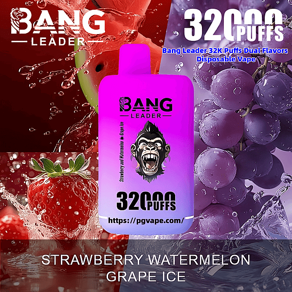 Bright pink-to-purple Bang Leader disposable vape device labeled 32000 puffs centered against splashing strawberry, watermelon and grape imagery with the flavor text Strawberry Watermelon Grape Ice at the bottom.