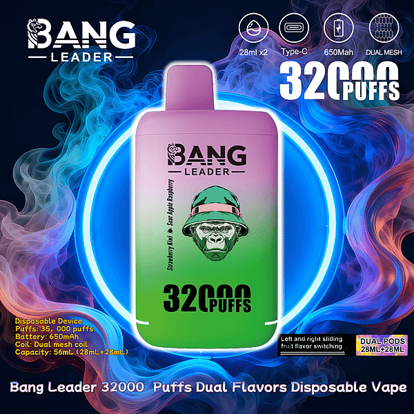 Promotional image for a Bang Leader disposable dual‑flavor vape featuring a pink‑to‑green device labeled 32,000 puffs centered in a glowing blue ring against swirling smoke, with icons for 28ml x2, Type‑C, 650mAh battery and dual mesh coils plus branding and product details.