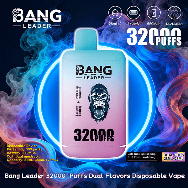 Turquoise-to-pink gradient Bang Leader disposable vape device with a screaming gorilla logo and bold “32000 puffs” text, set against a neon blue-and-purple smoky background with icons noting dual 28ml pods, Type-C charging, 650mAh battery and dual mesh coils.