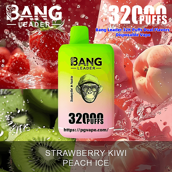 Bright green-to-pink disposable vape labeled Bang Leader and 32K puffs centered over splashing strawberries, peaches and sliced kiwis with the caption Strawberry Kiwi Peach Ice.