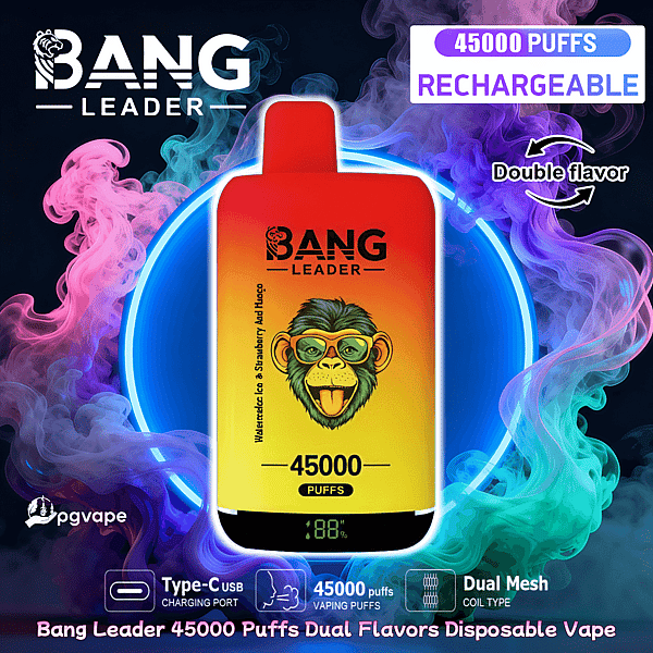 Bright red-to-yellow gradient Bang Leader disposable vape device labeled 45,000 puffs and rechargeable, centered against a neon blue ring and swirling pink, purple and teal smoke, with icons indicating Type-C USB charging, dual mesh coil and dual flavors and a small digital battery percentage at the bottom.