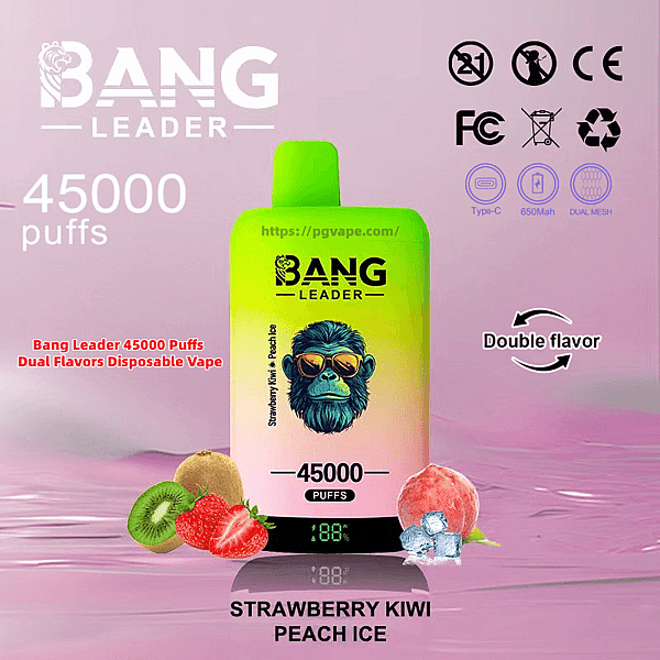 Bright green-to-pink gradient Bang Leader disposable vape device featuring a blue-bearded monkey with sunglasses, large "45000 puffs" label and "Strawberry Kiwi Peach Ice" flavor name, pictured with sliced kiwi, strawberries and a peach with ice cubes, certification icons and a "Double flavor" arrow on a pink background.