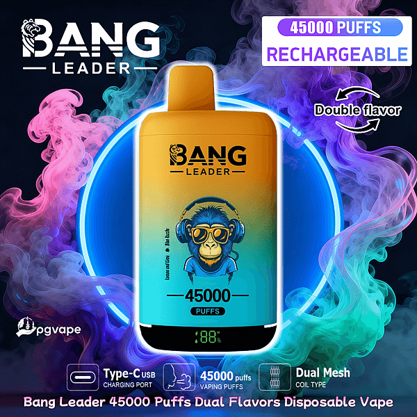 Bang Leader branded rechargeable disposable vape device in an orange-to-teal gradient with a top mouthpiece, prominent "45000 PUFFS" label and digital battery display, icons noting Type‑C USB charging, dual mesh coil and double‑flavor, set against swirling pink, purple and teal vapor.