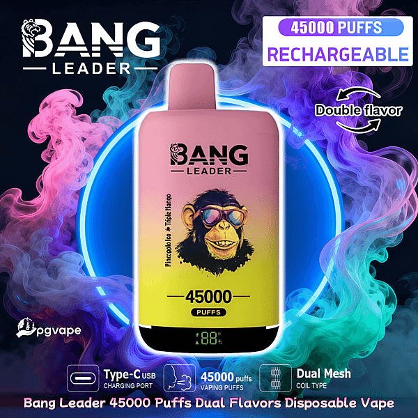 Pink-to-yellow gradient Bang Leader rechargeable disposable vape device centered against a neon blue ring and swirling pink, purple and teal vapor, with prominent 45000 PUFFS and RECHARGEABLE labels and icons for Type-C USB charging, dual-mesh coil and dual flavors.