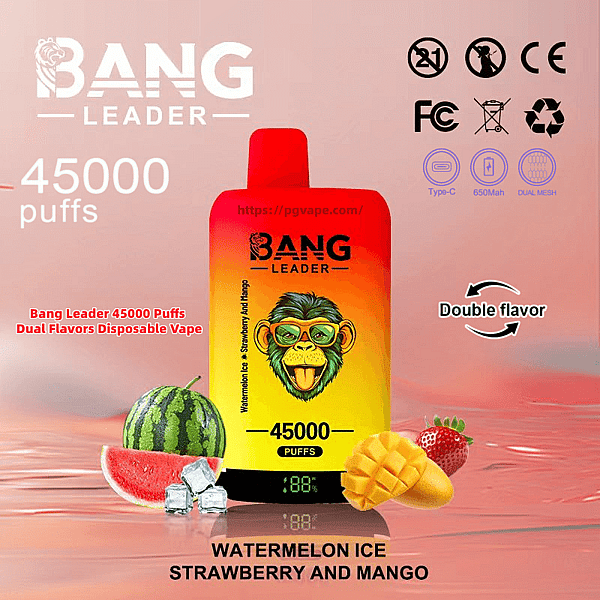 Promotional image of a red-to-yellow disposable vape branded BANG LEADER displaying '45000 puffs' and 'Double flavor', surrounded by watermelon with ice cubes, mango and strawberry illustrations, plus certification and feature icons and the flavor text 'Watermelon Ice Strawberry and Mango'.