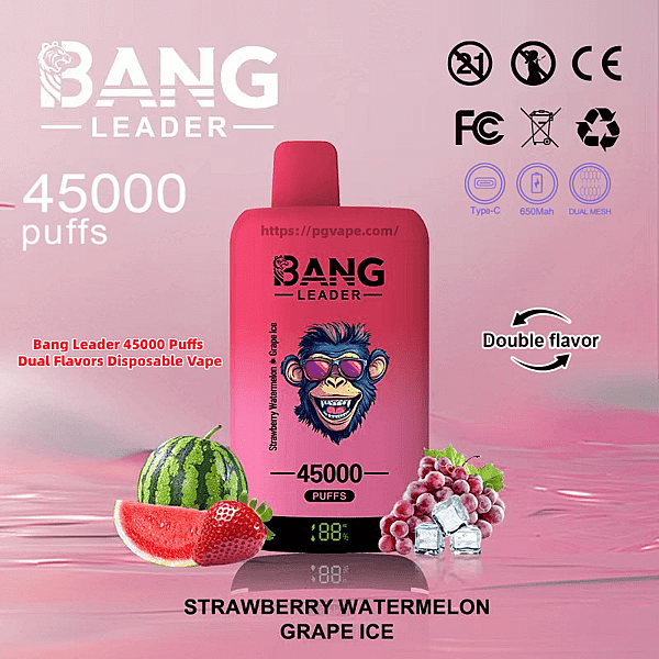 Pink Bang Leader disposable vape device labeled 45,000 puffs with a cartoon monkey logo, surrounded by strawberry, watermelon and grapes with ice and icons noting double-flavor and certifications, labeled Strawberry Watermelon Grape Ice