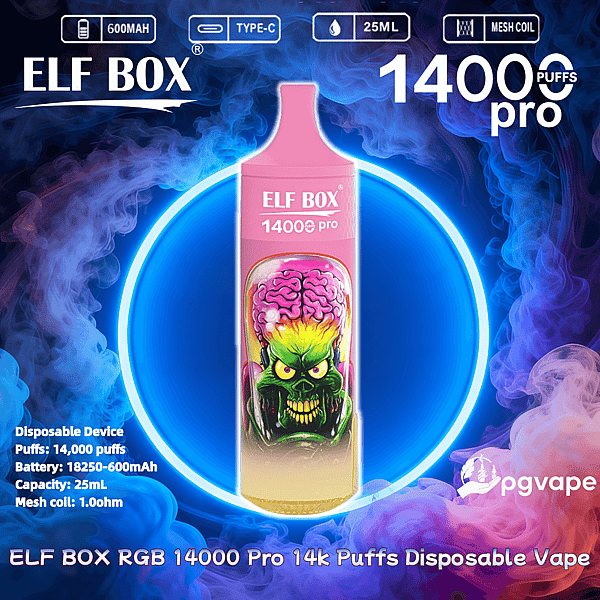 Produktbild av en rosa ELF BOX 14000 Pro engångsvape med en neongrön monster-med-hjärna-grafik, centrerad i en glödande blå ring bland lila och blå ånga och märkt 14 000 puffar med ikoner för Type-C-laddning och 25 ml kapacitet.
