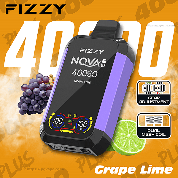 Werbebild eines violetten FIZZY NOVA Plus-Vape-Geräts mit der Aufschrift "40.000 Puffs" und "Grape Lime" vor einem orangefarbenen Hintergrund mit großem weißen "40000"-Text, begleitet von Weintrauben und einer Limettenscheibe sowie kleinen Symbolen, die auf die Gangeinstellung und die Dual-Mesh-Spule hinweisen.