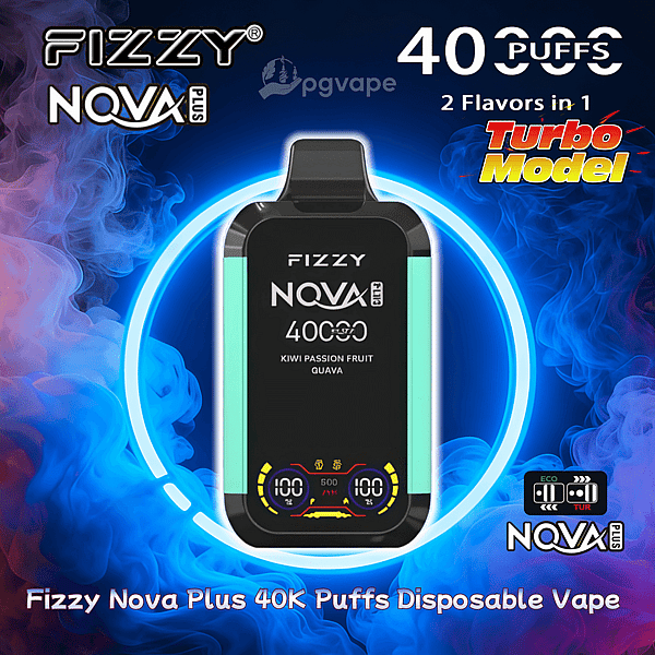 Schwarzer und mintgrüner Einweg-Vaporizer Fizzy Nova Plus vor einem blau-violetten Rauchhintergrund mit der Aufschrift '40.000 Züge', 'Turbo-Modell', '2 Geschmacksrichtungen in 1' und der Geschmacksrichtung 'Kiwi Passion Fruit Guava'.'