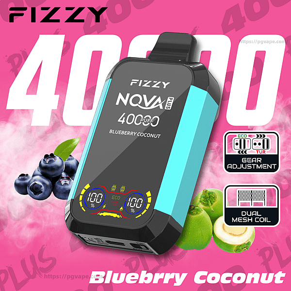 Fizzy NOVA Plus Einweg-Vaporizer mit türkisfarbenen Seitenwänden und einem schwarzen Frontdisplay mit der Aufschrift "40000 PUFFS" und digitalen Anzeigen auf einem rosa Hintergrund mit einem großen weißen "40000", Blaubeeren und Kokosnusshälften sowie Symbolen für die Gangeinstellung und Dual-Mesh-Spule mit der Aufschrift „Blueberry Coconut“.