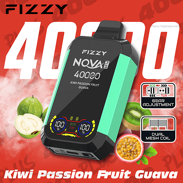 Mintgrünes und schwarzes Fizzy Nova Plus-Vape-Gerät vor einem roten Hintergrund mit übergroßem '40000'-Text, auf dem Bildschirm steht '40000 Puff' und 'Kiwi Passion Fruit Guava', umgeben von Kiwi-, Passionsfrucht- und Guavenhälften, Dampffetzen und kleinen Symbolen für die Gangeinstellung und Dual-Mesh-Spule.