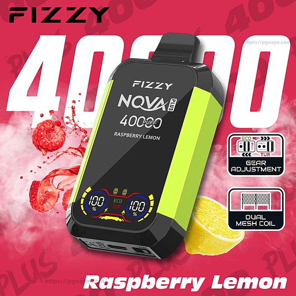 Leuchtend grün-schwarzes Fizzy Nova Plus-Vape-Gerät mit der Aufschrift "40.000 Puff Raspberry Lemon" vor einem roten Hintergrund mit großem weißen "40000"-Text, schwebenden Himbeeren, einer Zitronenscheibe, Dampfwolken und Symbolen für die Gangeinstellung und Dual-Mesh-Spule.
