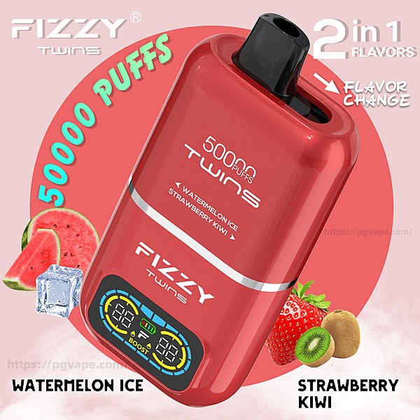 Jednorazowe urządzenie do waporyzacji 2 w 1 Red Fizzy Twins z czarnym ustnikiem z napisem "50000 puffów" i nazwami smaków Watermelon Ice i Strawberry Kiwi, ze strzałką zmiany smaku i towarzyszącymi im ilustracjami arbuza z lodem oraz truskawkami i kiwi na różowym okrągłym tle.