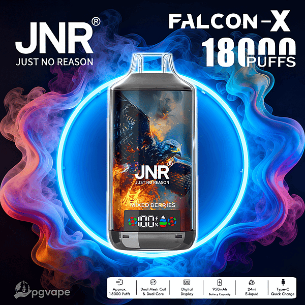Promotional image of a JNR Falcon-X disposable vape device labeled Just No Reason and Mixed Berries centered inside a glowing blue ring, featuring a fiery eagle artwork on the device and surrounded by swirling multicolored vapor with bold text indicating 18,000 puffs and product icons along the bottom.