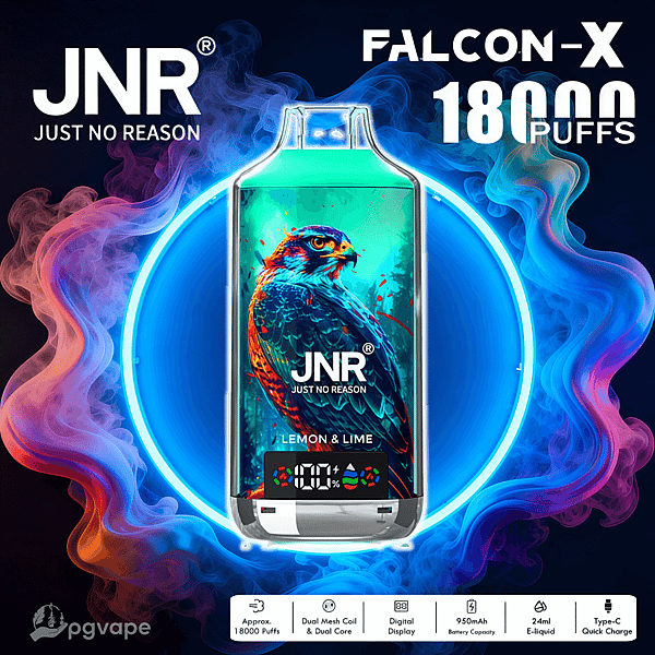 JNR Falcon‑X disposable vape device with a vivid falcon illustration and 'Just No Reason' and 'Lemon & Lime' labels, set inside a neon blue ring amid colorful smoke and advertising '18000 puffs' with icons for dual mesh coil, digital display, 950mAh battery, 24ml e-liquid, and Type‑C quick charge.