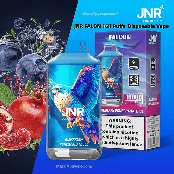 Jasnoniebieskie jednorazowe urządzenie do waporyzacji JNR Falcon i pasujące pudełko oznaczone "Blueberry Pomegranate Ice" z kolorową ilustracją sokoła, pokazaną obok rozpryskujących się jagód i połówek granatu.