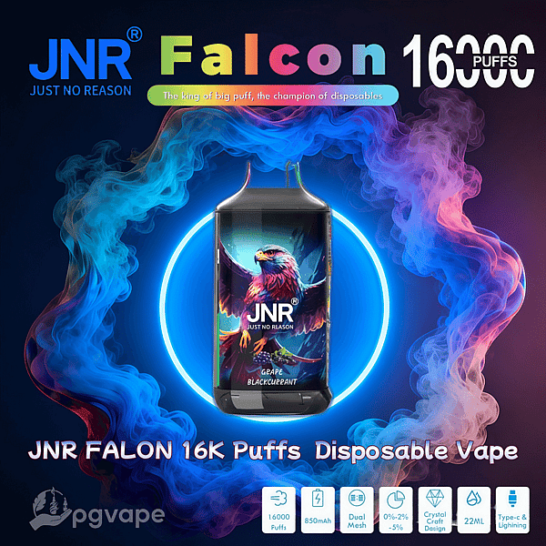 Reklama przedstawiająca jednorazowe urządzenie do waporyzacji JNR (Just No Reason) Falcon z ilustrowanym orłem i smakiem 'Winogrono z czarnej porzeczki', umieszczone wewnątrz neonowoniebieskiego pierścienia dymu z kolorową parą i tekstem informującym o 16 000 zaciągnięć i ikonach kluczowych funkcji.