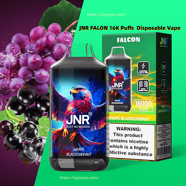 Jednorazowe urządzenie do waporyzacji JNR Falcon i pasujące pudełko z jaskrawą grafiką orła i brandingiem 'JNR', z etykietą 'Winogrono z czarnej porzeczki' i '16 000 zaciągnięć', pokazane obok kiści winogron i czarnych porzeczek oraz etykiety ostrzegającej o nikotynie.