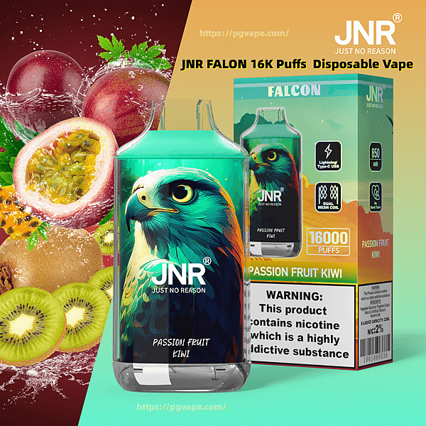 Jednorazowy waporyzator Teal JNR Falcon z kolorową ilustracją jastrzębia i etykietą 'Passion Fruit Kiwi', pokazany obok odpowiedniego pudełka, które reklamuje 16 000 zaciągnięć z ikonami i ostrzeżeniem, na tle plam z marakui i kiwi.
