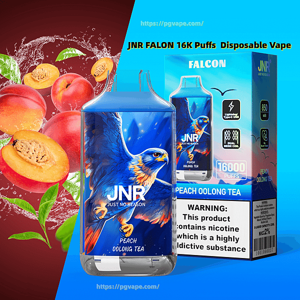 Niebieski jednorazowy waporyzator JNR Falcon i pasujące pudełko z etykietą Peach Oolong Tea z malowaną grafiką sokoła, brzoskwiniami i plamami wody w tle, objaśnieniami dotyczącymi 16 000 zaciągnięć i ikonami technicznymi oraz widoczną etykietą ostrzegającą o nikotynie.