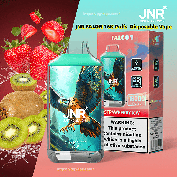 Zbliżenie na jednorazowe urządzenie do waporyzacji JNR Falcon i pasujące pudełko z kolorową grafiką orła z etykietą Strawberry Kiwi i 16 000 zaciągnięć, pokazane obok pokrojonych truskawek i kiwi oraz widocznego ostrzeżenia o nikotynie na opakowaniu.