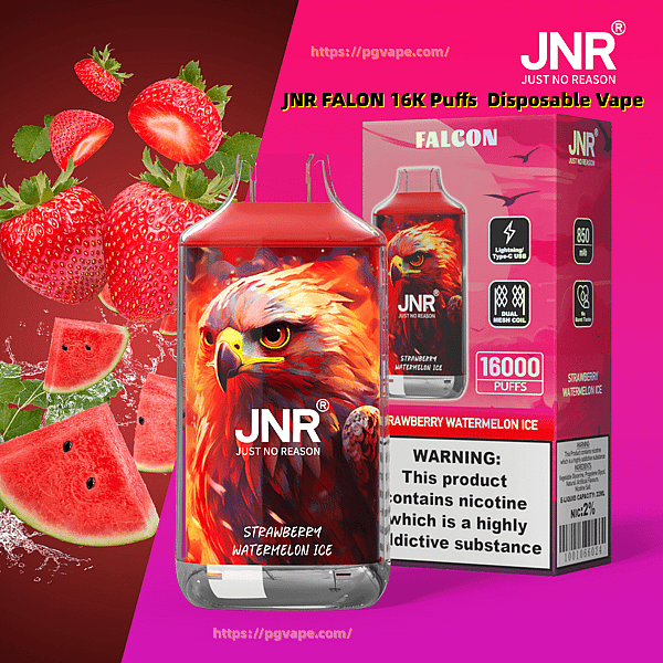 Różowy jednorazowy waporyzator JNR Falcon i pasujące pudełko z grafiką ognistego orła, z etykietą Strawberry Watermelon Ice, otoczone truskawkami i plasterkami arbuza, z ostrzeżeniem o nikotynie i informacją "16000 zaciągnięć".