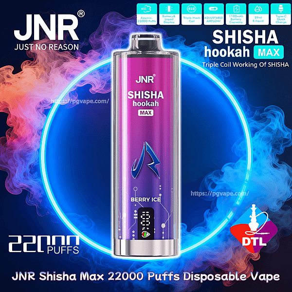 Cylindrical purple JNR Shisha Hookah Max disposable vape labeled “Berry Ice” centered against a glowing neon blue ring and red-blue smoke, with text and icons indicating 22,000 puffs, DTL logo, and device features.