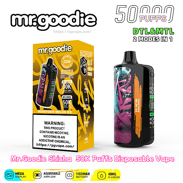 Mr.goodie disposable vape and yellow product box labeled Honeydew Melon Ice, advertising 50K puffs, DTL & MTL 2-in-1 modes, 1100mAh battery and 40ml e-liquid; device shows a colorful graffiti-style side panel.