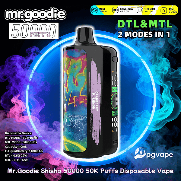 Black Mr. Goodie disposable vape device with a colorful graffiti-style side panel centered against neon blue and purple smoke, showing a small display and labels reading 50,000 puffs, DTL & MTL 2 modes, 40 mL e-liquid and 1100 mAh battery.