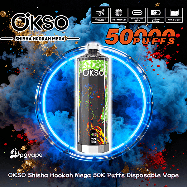 A colorful ad for the OKSO Shisha Hookah Mega disposable vape featuring a tall cylindrical device with green geometric accents centered in a glowing blue ring and surrounded by blue and red smoke, with bold '50K PUFFS' text and icons for adjustable airflow, triple mesh coil, Type-C charging, 1100mAh battery and 40ml e-liquid.