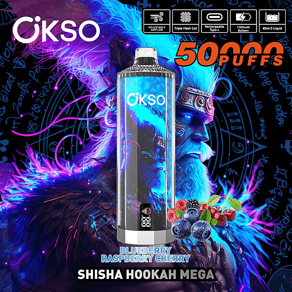 Bright advertising artwork showing a cylindrical OKSO vape device with neon blue mythic bearded-figure artwork, flavor label Blueberry Raspberry Cherry and a cluster of berries, feature icons and prominent orange '50,000 PUFFS' text on a purple-blue cosmic background