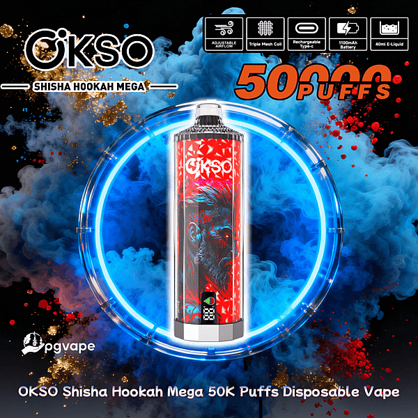 Cylindrical OKSO Shisha Hookah Mega disposable vape with a red illustrated bearded-man design centered inside a glowing blue neon smoke ring, blue and gold vapor background, large “50K PUFFS” text at the top right, feature icons across the top for adjustable airflow, triple mesh coil, Type‑C charging, 1100mAh battery and 40ml e‑liquid, and brand logos with the product name along the bottom.