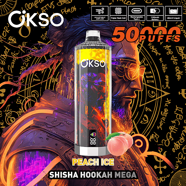 Tall OKSO disposable vape device with a colorful illustrated body and a peach at its base labeled Peach Ice and Shisha Hookah Mega, set against a dramatic bearded warrior illustration with ornate symbols, prominent 50,000 PUFFS text and small feature icons along the top.