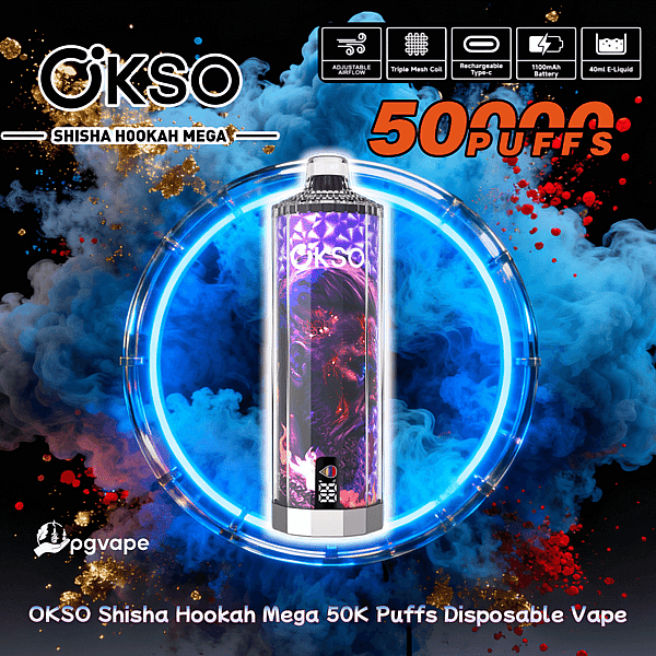 Cylindrical OKSO Shisha Hookah Mega disposable vape with a purple-red abstract panel centered in a glowing blue neon ring, set against swirling blue and red smoke and a bold "50K PUFFS" claim at top right, with small icons indicating adjustable airflow, triple mesh coil, Type-C charging, 1100mAh battery and 40ml e-liquid.