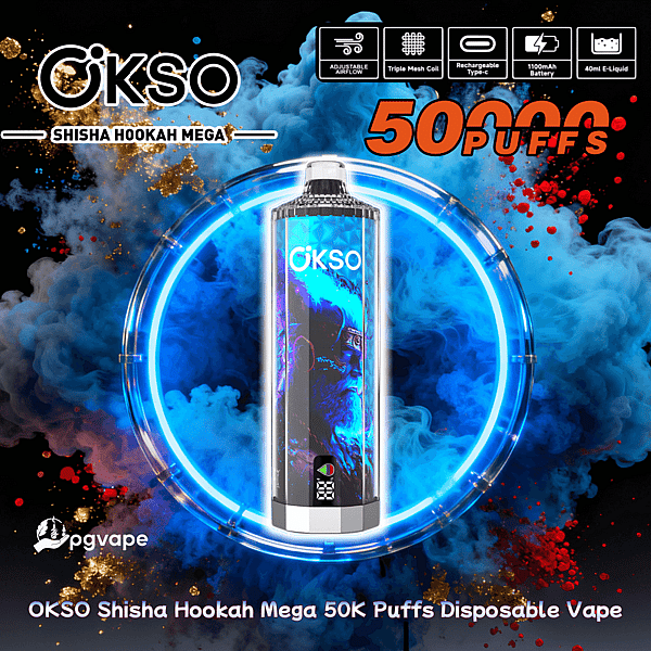 Centered cylindrical OKSO Shisha Hookah Mega disposable vape device framed by a glowing blue neon ring against swirling blue and red smoke, with bold text advertising 50K puffs and brand icons across the top.