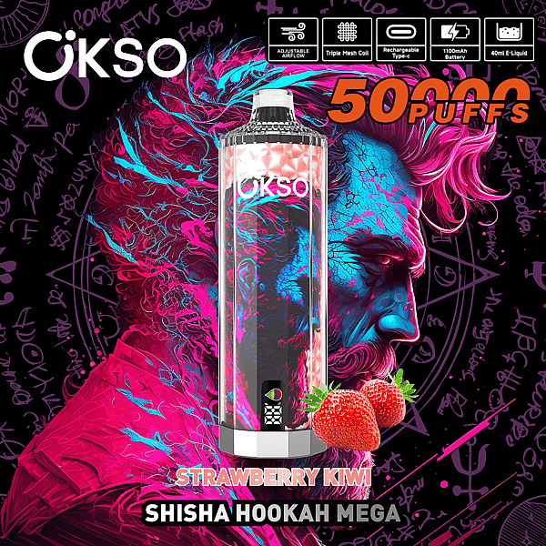 Vibrant product ad for OKSO showing a metallic cylindrical vape with neon pink and blue swirls centered on a black background with occult-style doodles, feature icons along the top, a bold orange "5000 PUFFS" label, and flavor text reading STRAWBERRY KIWI and SHISHA HOOKAH MEGA at the bottom.