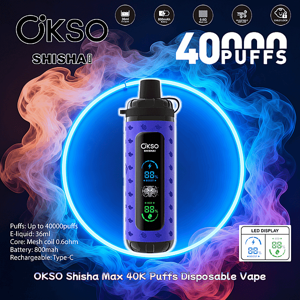 Dispositivo di vaporizzazione usa e getta OKSO Shisha Max viola con bocchino superiore e display LED anteriore centrato in un bagliore circolare blu neon, circondato da fumo vorticoso rosa e blu e testo in grassetto che pubblicizza 40.000 boccate e specifiche del prodotto.