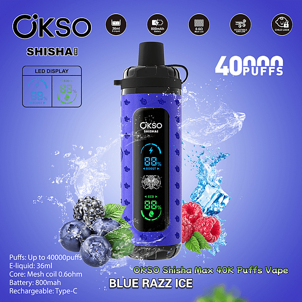 Dispositivo di vaporizzazione OKSO Shisha Max 40K Puffs viola-blu con display LED verticale raffigurato tra schizzi di ghiaccio e frutti blu-lampone, con didascalie di testo che indicano 40.000 sbuffi e specifiche come e-liquid da 36 ml e una batteria da 800 mAh.