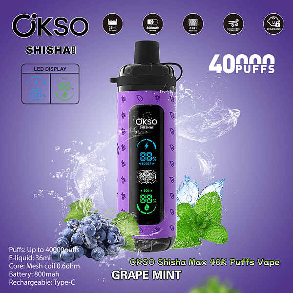 Dispositivo di vaporizzazione viola OKSO Shisha Max 40K con display LED centrale, raffigurato con uva, foglie di menta e spruzzi d'acqua ed etichettato Grape Mint, 40.000 sbuffi, e-liquid da 36 ml e batteria da 800 mAh.