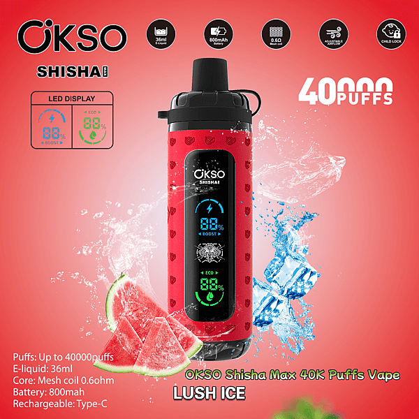 Immagine promozionale luminosa che mostra un dispositivo di vaporizzazione rosso OKSO Shisha Max Lush Ice con display LED centrale, schizzi di ghiaccio e fette di anguria attorno, e testo/icone che pubblicizzano 40.000 boccate, e-liquid da 36 ml, batteria da 800 mAh, bobina mesh da 0,6 Ω, flusso d'aria regolabile, blocco bambini e ricarica di tipo C.