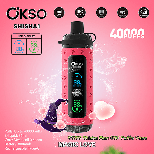 Vape usa e getta OKSO Shisha Max cilindrico rosa con bocchino nero e display LED centrale che mostra la percentuale e le modalità della batteria, raffigurato su uno sfondo rosa con cuori e la grafica di un cappello da mago ed etichettato "Magic Love" con testo che pubblicizza 40.000 boccate e specifiche (e-liquid da 36 ml, nucleo in rete da 0,6 Ω, batteria da 800 mAh).
