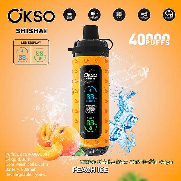 Dispositivo di vaporizzazione usa e getta OKSO Shisha Max arancione con display LED verticale centrato su uno sfondo arancione, circondato da schizzi di ghiaccio e pesche affettate ed etichettato "40.000 puffs" e "Peach Ice".