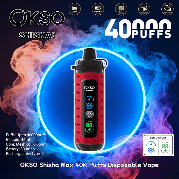 Vape usa e getta rosso OKSO Shisha Max con bocchino nero e display LED illuminato centrato all'interno di un anello al neon blu brillante in mezzo a vortici di fumo rosso e blu, con testo in grassetto che pubblicizza 40.000 boccate e specifiche del prodotto sullo sfondo.