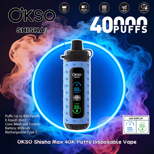 Vape usa e getta OKSO Shisha Max blu centrato in un anello blu neon luminoso, che mostra un display LED e il testo "40.000 puffs", circondato da fumo blu e arancione con piccole icone e specifiche (e-liquid da 36 ml, batteria da 800 mAh, bobina a rete da 0,6 Ω, ricaricabile di tipo C).