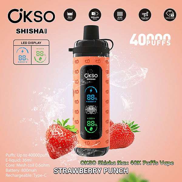 Dispositivo di vaporizzazione arancione OKSO Shisha Max centrato su uno sfondo color pesca, etichettato “Strawberry Punch” con un display LED verticale, due fragole alla base e icone/testo che evidenziano e-liquid da 36 ml, batteria da 800 mAh, bobina a rete da 0,6 Ω, flusso d'aria regolabile, blocco bambini e “40000 sbuffi”.