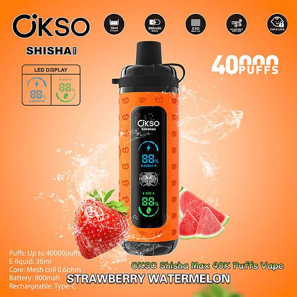 Vape usa e getta OKSO Shisha Max arancione con display LED verticale, mostrato con spruzzi d'acqua e fette di fragola e anguria e testo che annuncia 40.000 boccate e specifiche come e-liquid da 36 ml e batteria da 800 mAh.