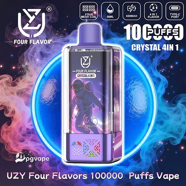 Appareil de vapotage jetable violet UZY Four Flavor “ Crystal 4-in-1 ” avec un graphisme d'astronaute étiqueté glace à la pastèque, sur un orbe bleu brillant et une fumée rose-bleu, avec un texte indiquant 100 000 bouffées et des icônes pour une bobine à quatre mailles, 56 ml, 650 mAh et une charge de type C.