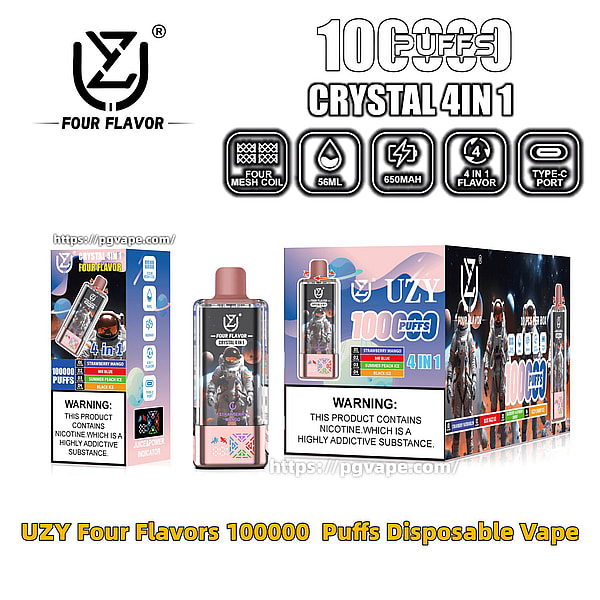 Présentation du produit pour le vape jetable UZY Crystal 4-en-1 montrant l'appareil avec une illustration d'astronaute, sa boîte de vente au détail et son emballage extérieur, une marque indiquant 100 000 bouffées, des icônes pour une bobine à quatre mailles, une capacité de 56 ml, 650 mAh, une saveur 4 en 1 et un port de type C, ainsi que des étiquettes d'avertissement visibles concernant la nicotine.